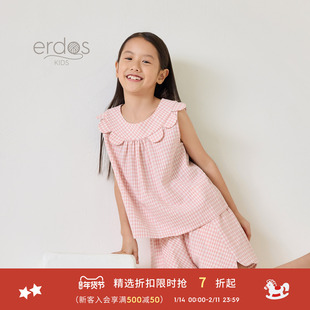 鄂尔多斯童装25夏季粉白格子少女无袖捏褶可爱女童上衣