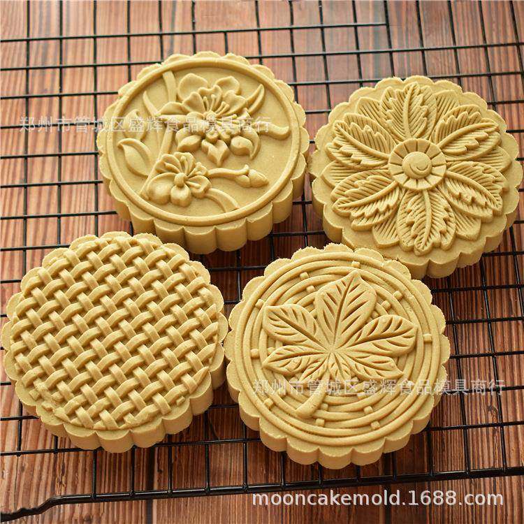 2019新品纹理羽毛月饼模具150g手压4片套装200克mooncakemold