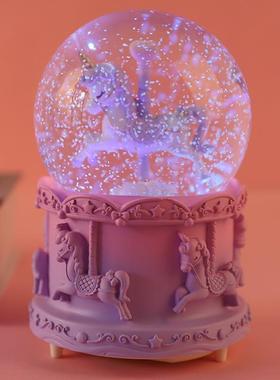 创意梦幻旋转木马水晶球音乐盒发光 送女学生日儿童礼物树脂摆件