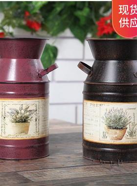 铁皮家居装饰摆件花瓶创意摄影道具复古做旧铁皮桶插花摆件