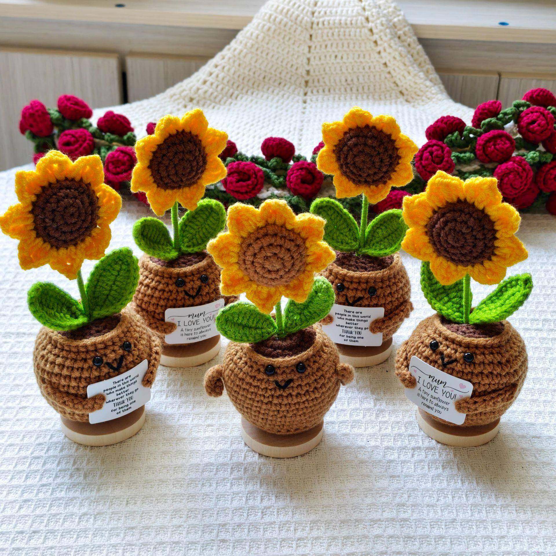 成品手工钩织向日葵康乃馨毛线盆栽带情感卡片家居摆件礼物,家居饰品,装饰摆件,淘宝优惠券,粉丝福利购,淘宝优惠卷