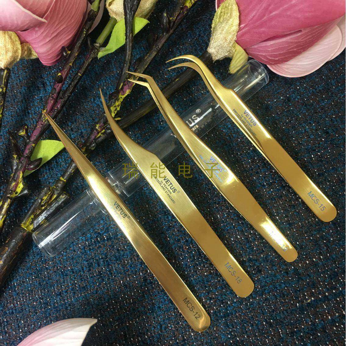 VETUS睫毛嫁接分毛夹镊子金色直弯MCS-12/15/18/19