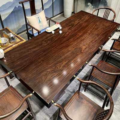 黑檀实木大板桌巴花新中式茶台桌椅组合老板办工作台整块原木茶桌