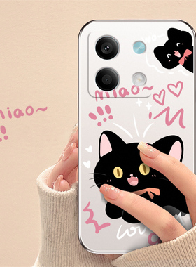 适用于红米note13pro手机壳note12pro+简约11pro黑色猫咪新款10pro可爱卡通8pro网红9保护套7电镀银硅胶超薄
