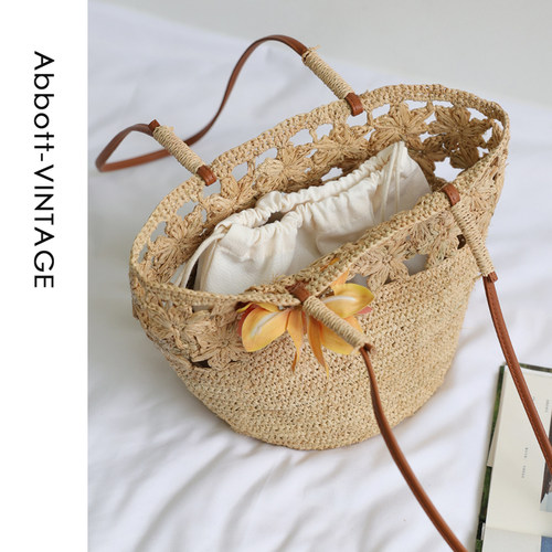 Abbott Vintage【盛夏出逃】拉菲草编织手工单肩手提包田园法式新