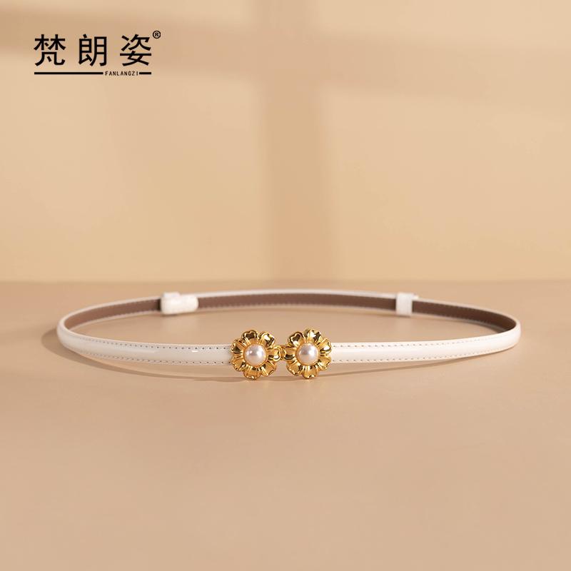 梵朗姿女士皮带免打孔设计百搭连衣裙衬衣真皮腰带女款细可调节