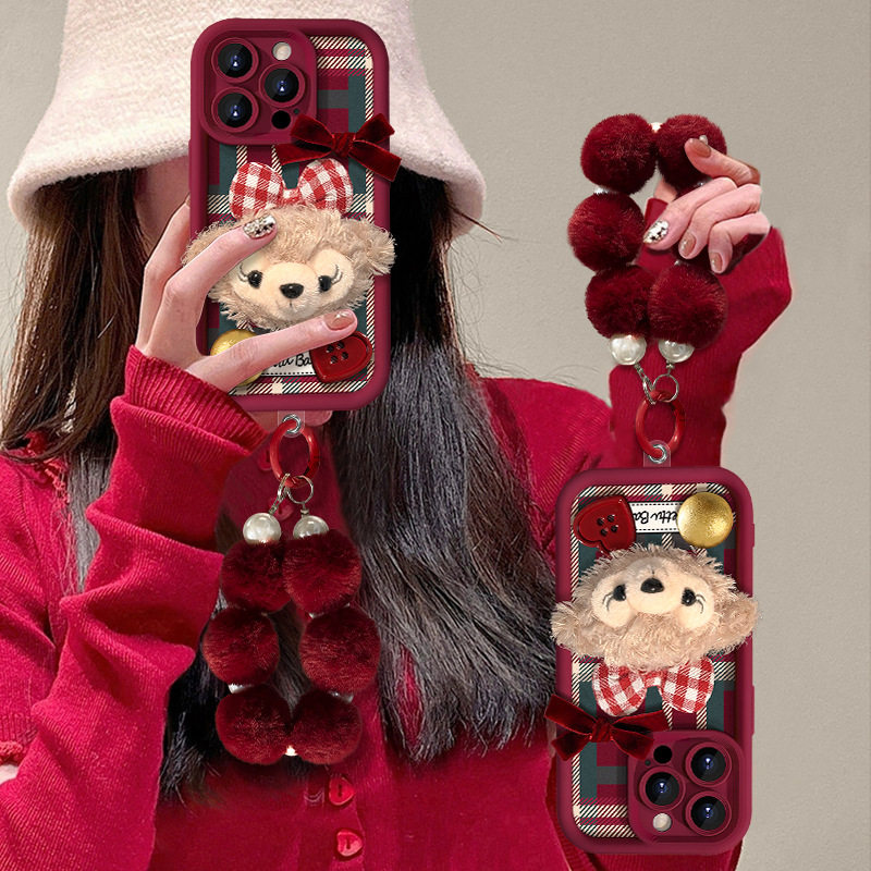毛绒雪莉玫公仔适用苹果16手机壳15卡通圣诞节14全包防摔13手