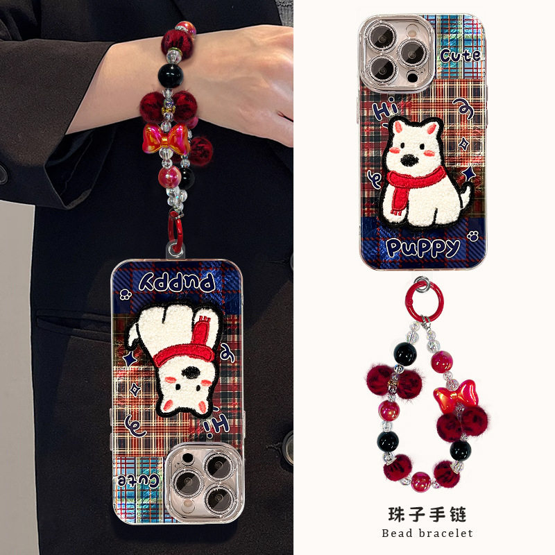 格子毛绒小狗挂链适用苹果17系列手机壳iphone15promax卡通16女14高级感13/12外壳华为mate70pro小米17保护套
