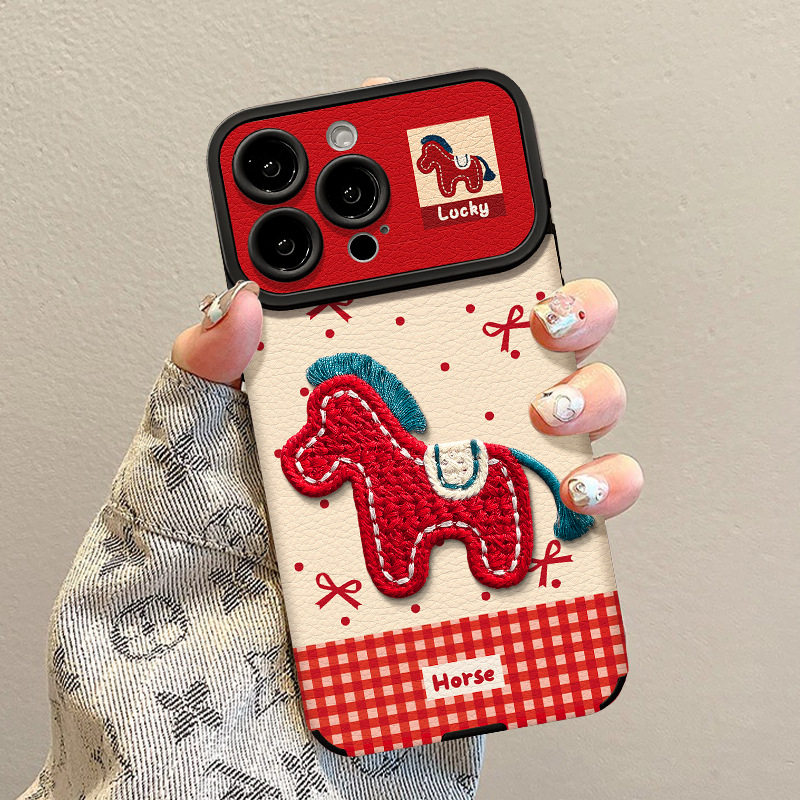 【2026新年开运红】 刺绣小马祥瑞挂绳手机壳适用iPhone15ProMax羊皮17/16/14硅胶华为mate70pro小米17保护套,3C数码配件,手机保护套/壳,淘宝优惠券,粉丝福利购,淘宝优惠卷
