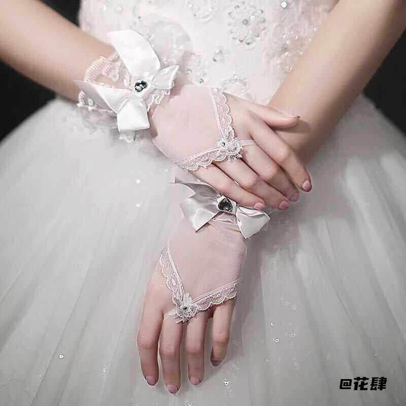 薄婚纱新娘勾指结婚手套蝴蝶结白色cos网纱韩式蕾丝仙女生日