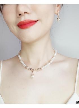 大气女士法式项链耳环两件套锁骨颈韩式吊坠仿珍珠礼服晚宴冷淡风