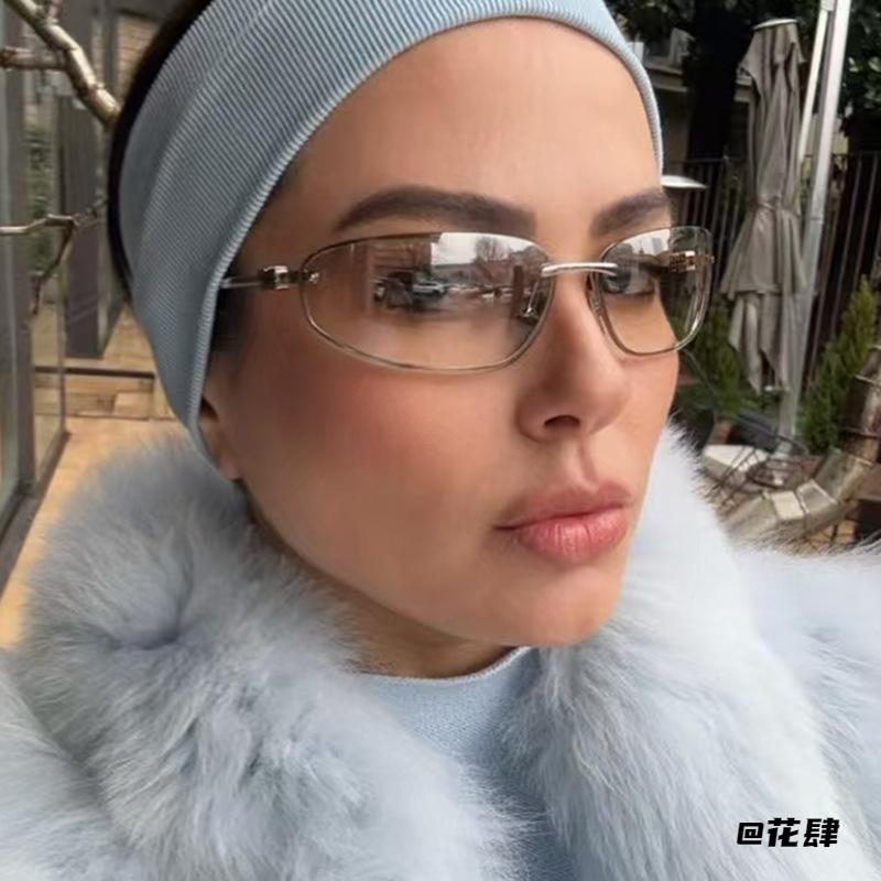 大脸加宽遮颧骨太阳眼镜凹造型欧美凹造型复古太阳Y2K椭圆无框