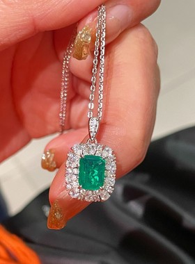 925银镀金 进口合成祖母绿项链2.2克拉无油木佐色祖母绿吊坠轻奢