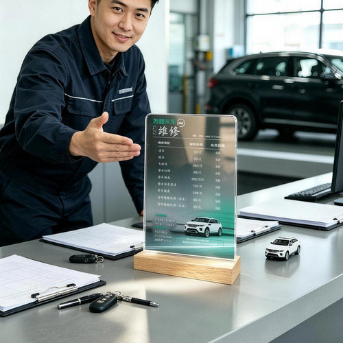 立式亚克力台牌热卖汽车立牌精美透明通用耐用展示牌轻奢汽车维修服务台牌桌牌亚克力实木底座展示台定制