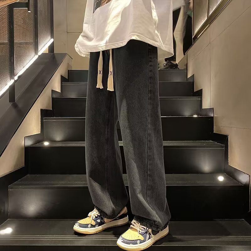 潮流复古拖地牛仔裤男士港风新款青少年宽松直筒松紧腰潮牌长裤子