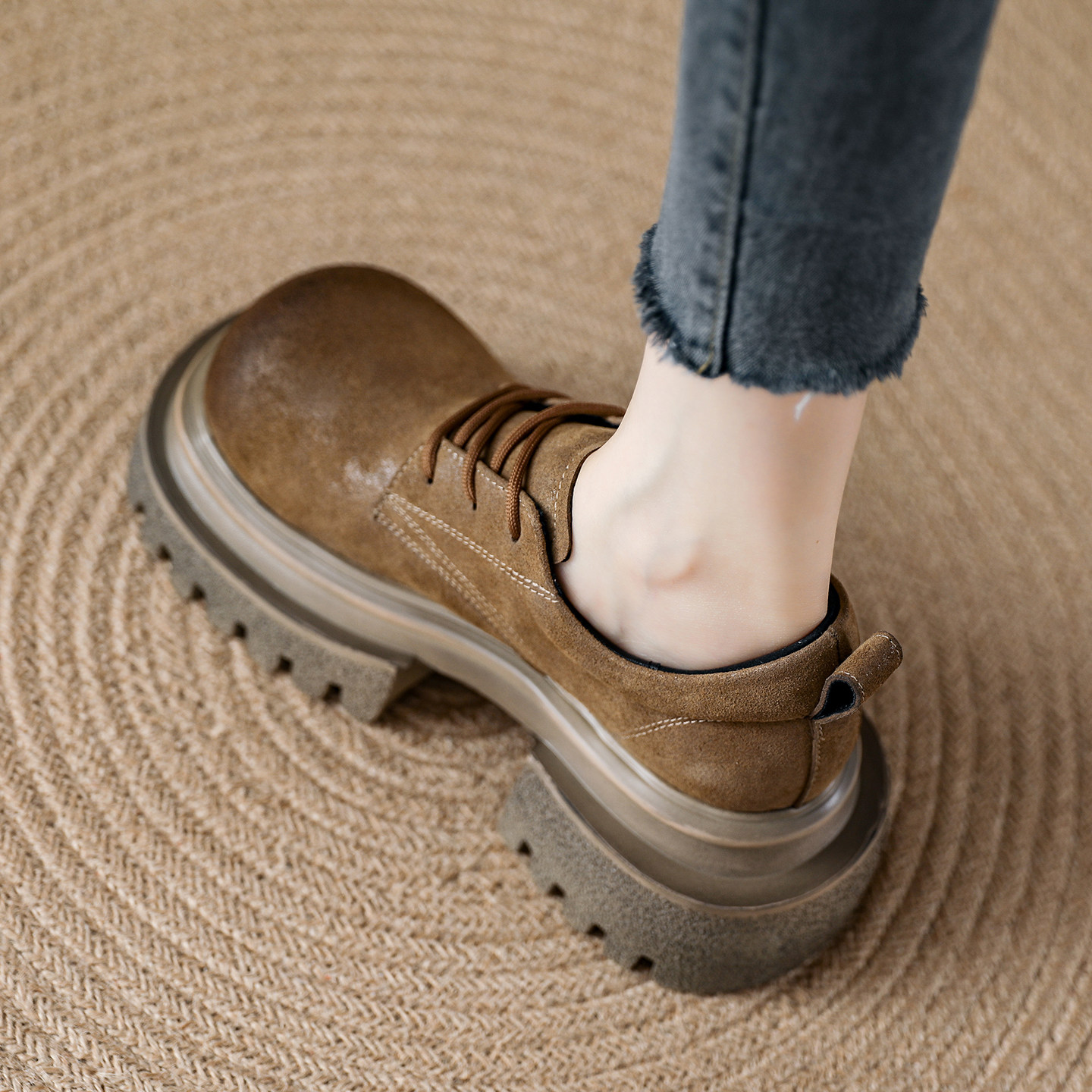 真皮厚底大头女鞋2025秋新款英伦风小皮鞋系带复古单鞋小个子增高,女鞋,乐福鞋（豆豆鞋）,淘宝优惠券,粉丝福利购,淘宝优惠卷