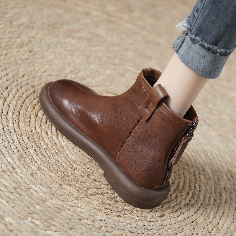 头层牛皮复古马丁靴女2024年秋冬新款加绒短靴女棕色短筒靴子显瘦