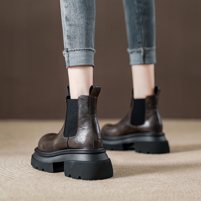 欧货真皮烟筒靴厚底一脚蹬切尔西