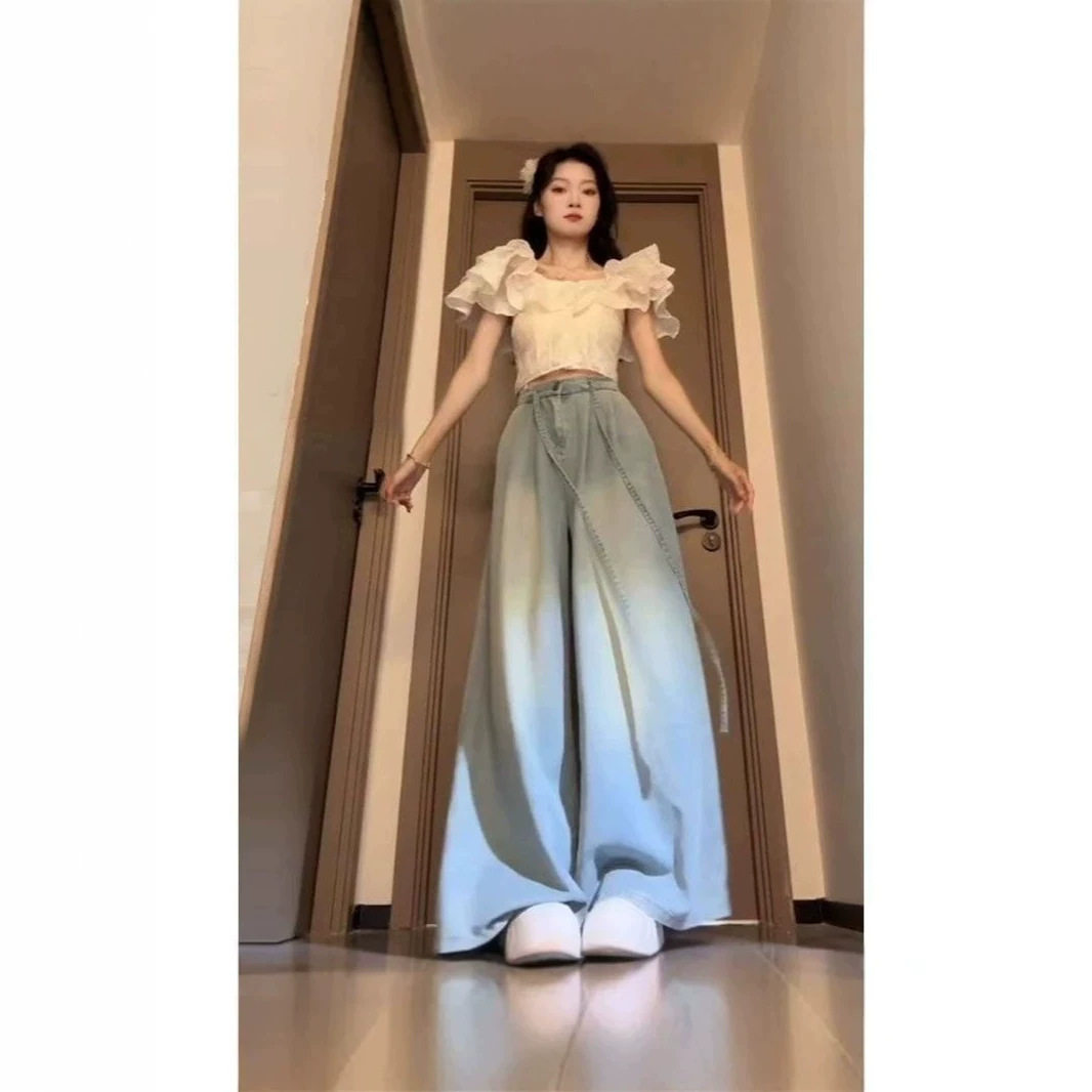 抽绳天丝牛仔裤女垂感高腰直筒裤大码女装胖mm宽松阔腿裤梨型身材