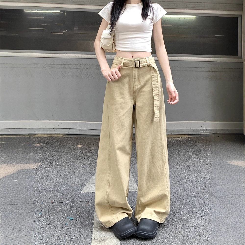 【韩牛】送腰带慵懒卡其色牛仔裤阔腿宽松梨形身材阔腿牛仔裤女