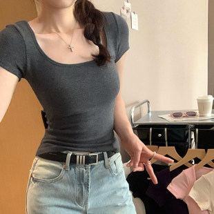 欧货爆款自带胸垫辣妹方领正肩短袖T恤女2026夏季新款修身短上衣