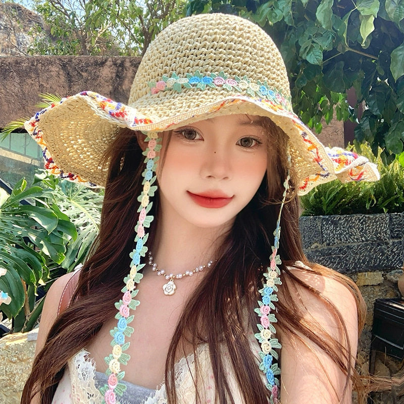 夏季大檐草编渔夫帽女遮阳显脸小