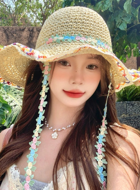 夏季大檐草编渔夫帽女遮阳显脸小