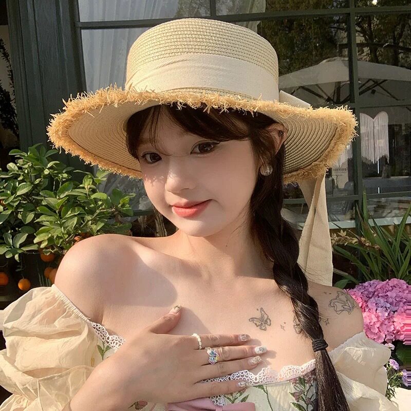 蝴蝶结毛边平顶草帽女夏海边沙滩