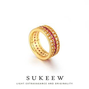 / 新中式古法轻奢点钻镶嵌红石老铺同款戒指金色新款女