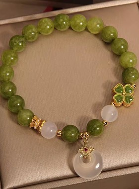 新中式绿色碧玺水晶手錬女轻奢小众精致四叶草玉髓平安扣手串手环