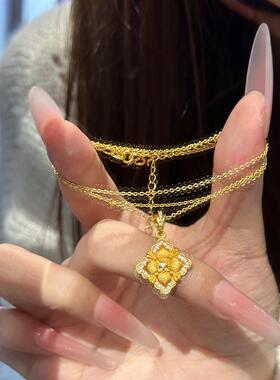 中古风黄金色拉丝四叶草沙金项链女小众高级感锁骨链复古闪钻毛衣