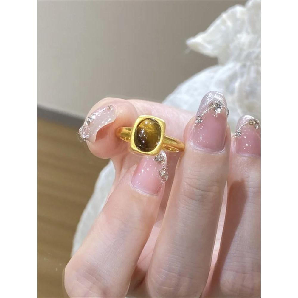 新中式方形镶嵌虎眼石戒指女轻奢高级复古可调节食指戒不掉色指环