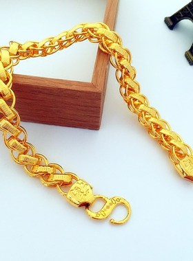 24K镀金霸气手链男 欧币金宽手链子粗龙头坦克手链大镀沙金手表链