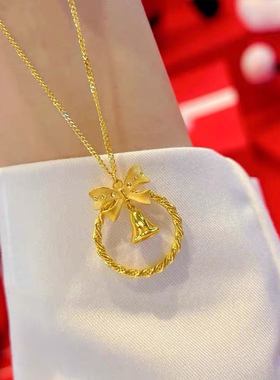 越南沙金蝴蝶结铃铛项链女款在逃公主吊坠盒子链仿真黄金不掉色