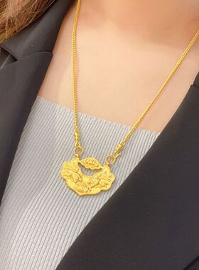 越南沙金【鲤鱼锁项链】中式复古平安锁吊坠铜镀金女款锦鲤锁挂坠
