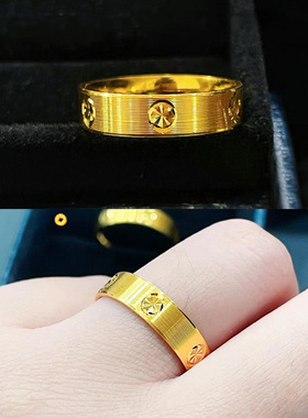 5G黄金色沙金镀金999米字车花戒指男女钻纹螺丝纹拉丝指环高级感