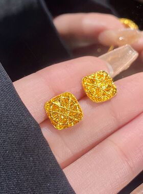 越南沙金爆闪拉丝小方糖耳钉耳环小清新高级感耳饰女防黄金小耳钉