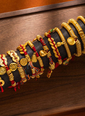 新中式盘缠古法沙金手链金色黄财神圆牌红绳手串男女腰缠万贯手绳