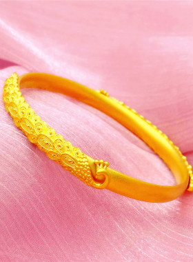 复古闭口古法孔雀沙金手镯女久不掉色仿黄金实心镯子 铜镀金首饰