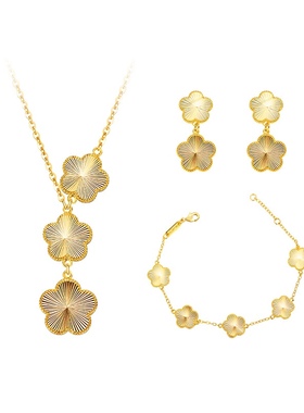 新款梅花三件套手錬女越南沙金彷真黄金轻奢高级感项炼耳针首饰潮