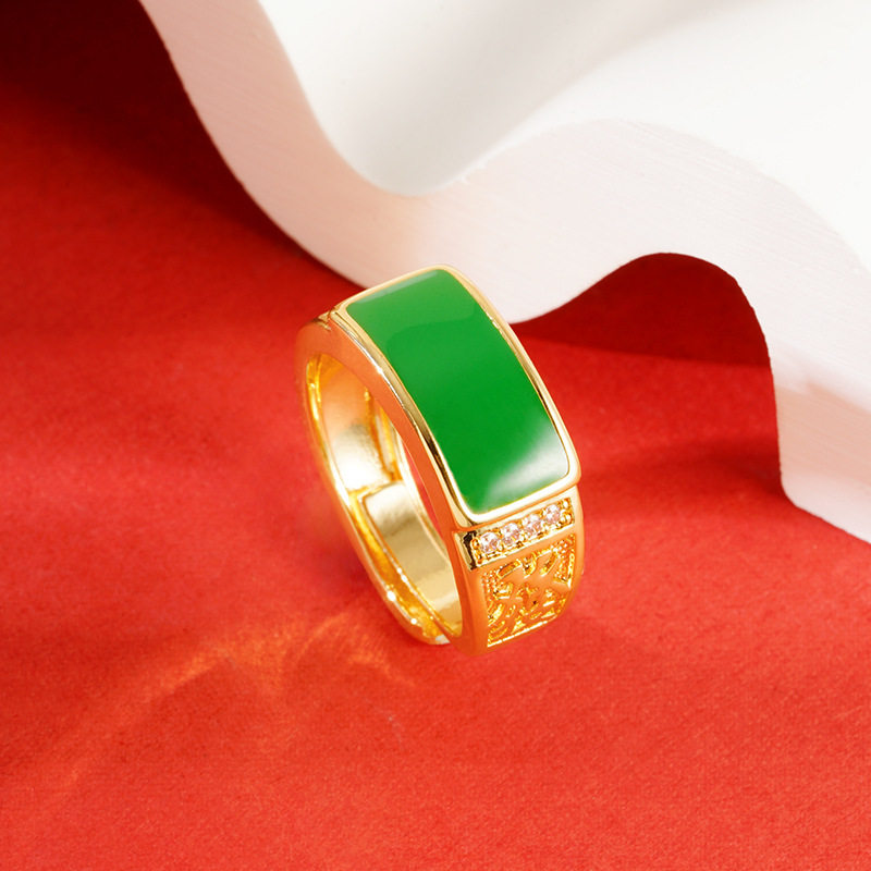 古法沙金戒指龙边镶宝石镀金金店同款金男女款霸气时尚金镶玉简约