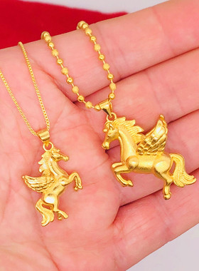 龙马精神沙金项链硬币铜镀金假黄金古风生肖马独角兽双翼飞马项坠