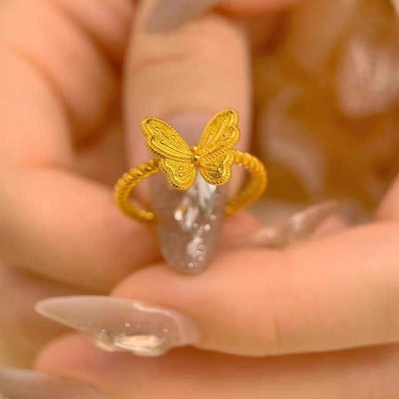 高货沙金仿18K金花月佳期系列闪闪蝴蝶结戒指高级感仿黄金指环女