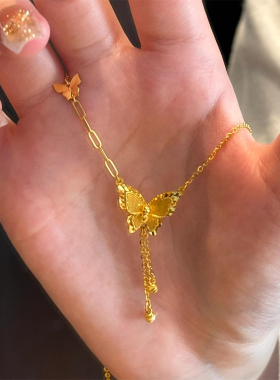 爆闪花蝶梦流苏蝴蝶项链女黄金轻奢转运珠时灵动感小众设计锁骨链