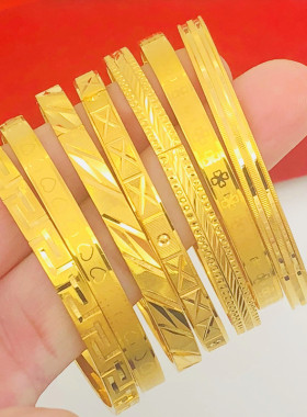 新款沙金手镯女硬币铜镀金假黄金流星雨暗卡扣激光四叶草手环首饰