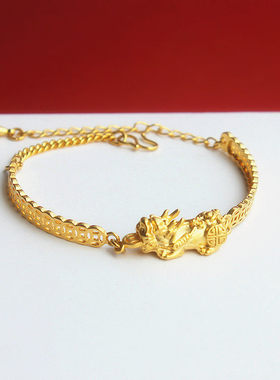 3D硬金镀黄金招财貔貅手镯女铜钱纹皮休手链沙金饰品不掉色礼物