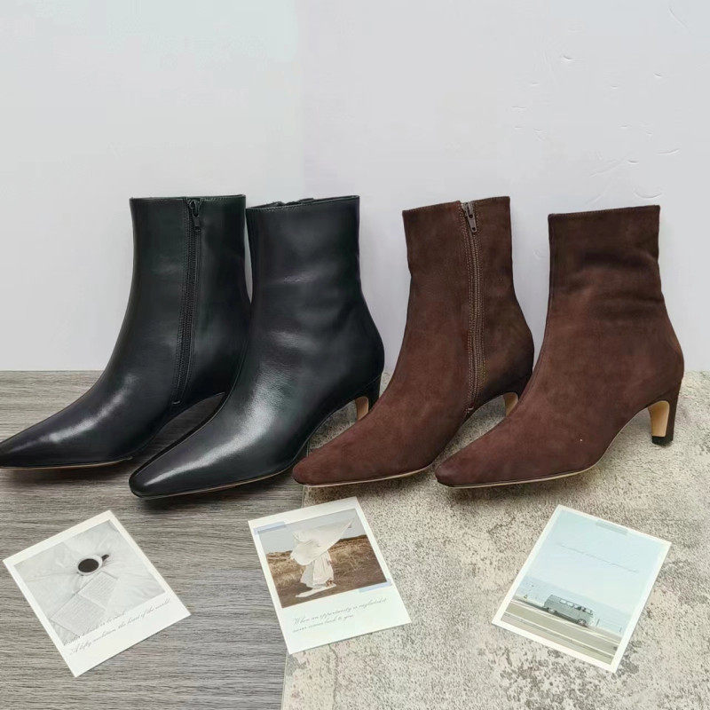 外贸真皮加厚羊毛瘦瘦靴女方头皮毛一体短靴侧拉链保暖高跟靴子冬