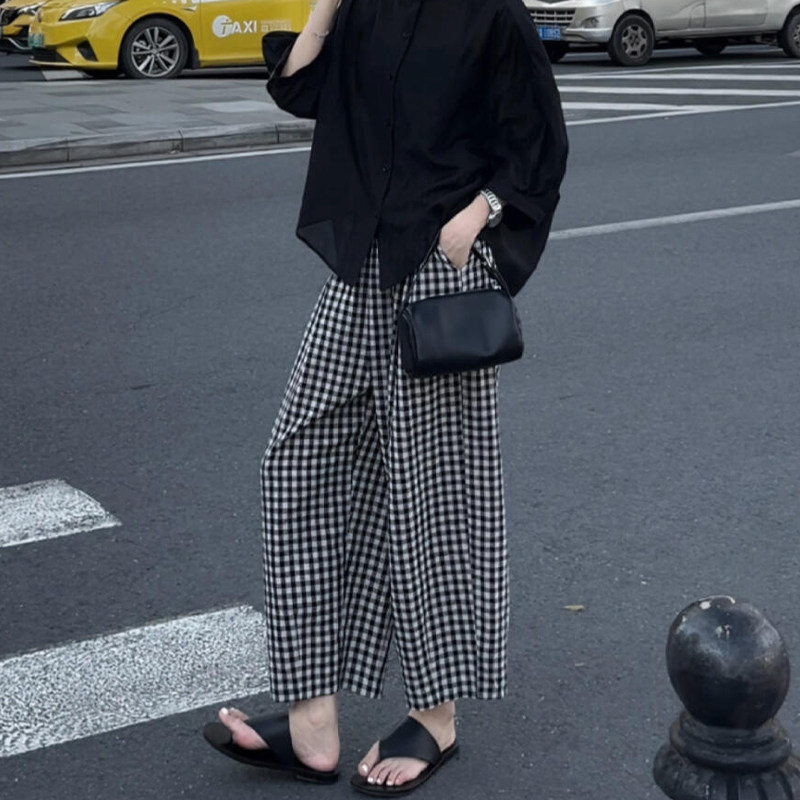 慵懒风黑白格子裤女夏薄