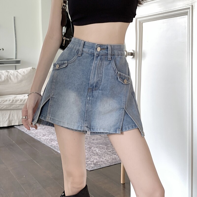蓝色牛仔半身裙子女夏季