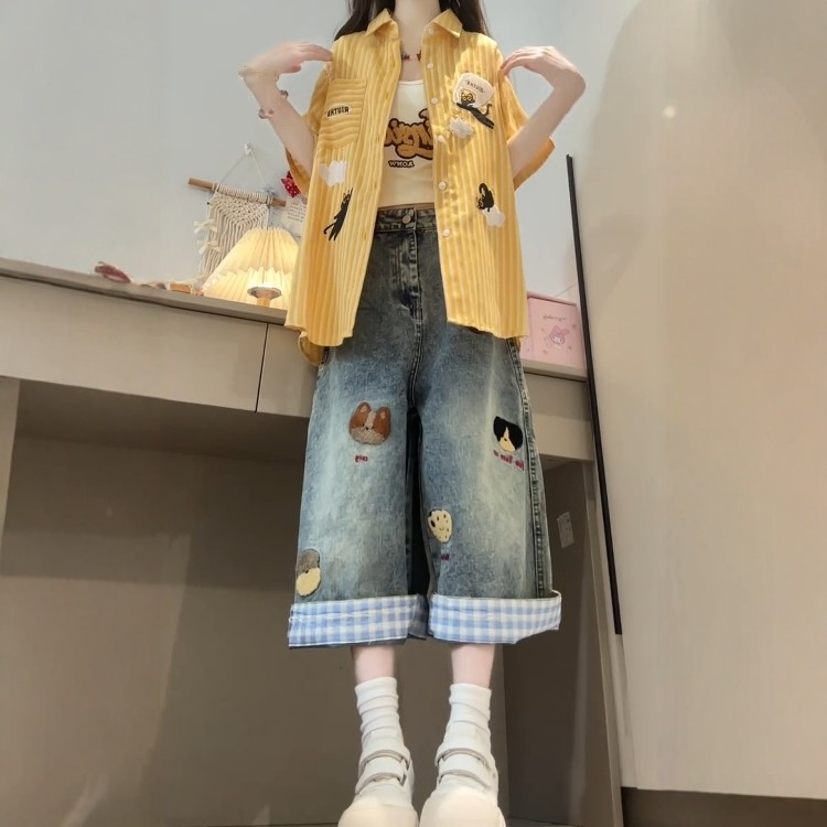 美式复古小狗刺绣直筒牛
